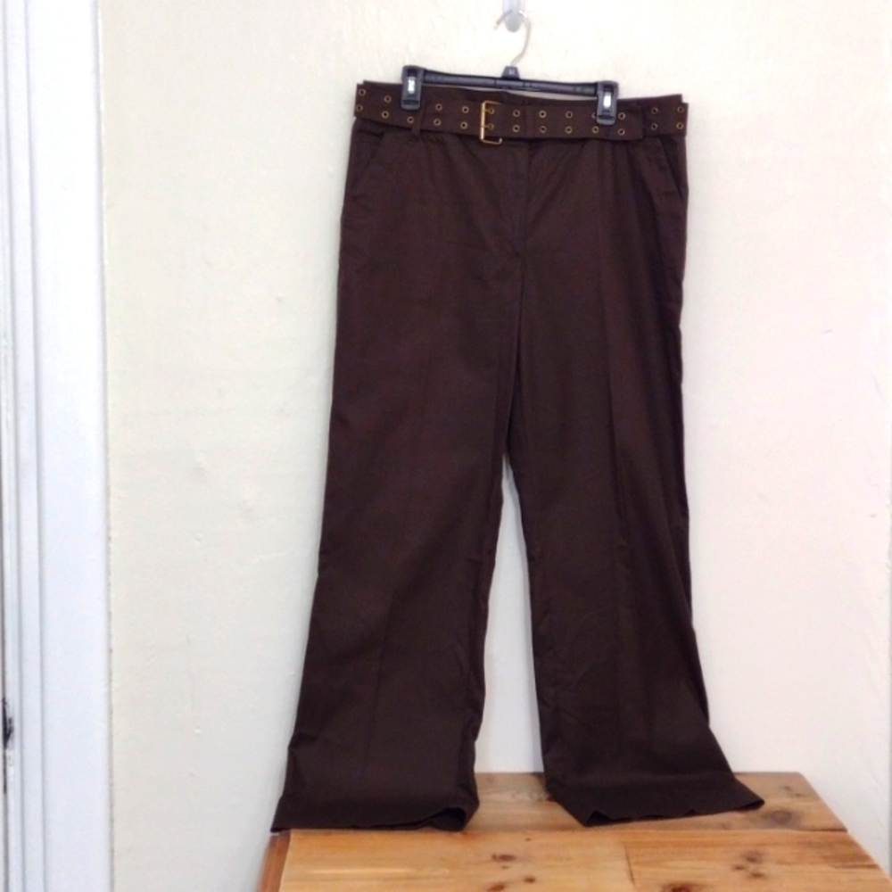 Talbots Brown High Waisted Canvas Cotton Pants w Belt Size 16 Inseam 32.5"